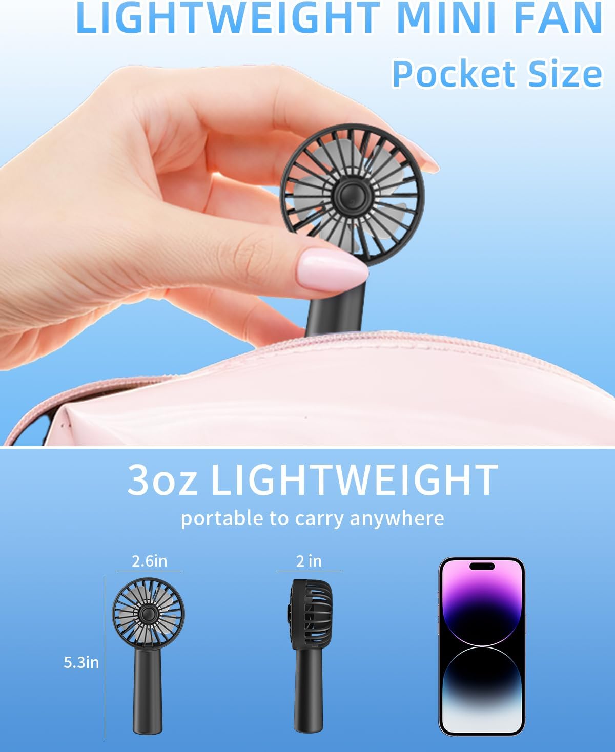 Detalle de KIDEE Portable Handheld Fan: 3 speeds, 1800mAh USB Rechargeable Mini Fan for Travel, Makeup & Everyday Use