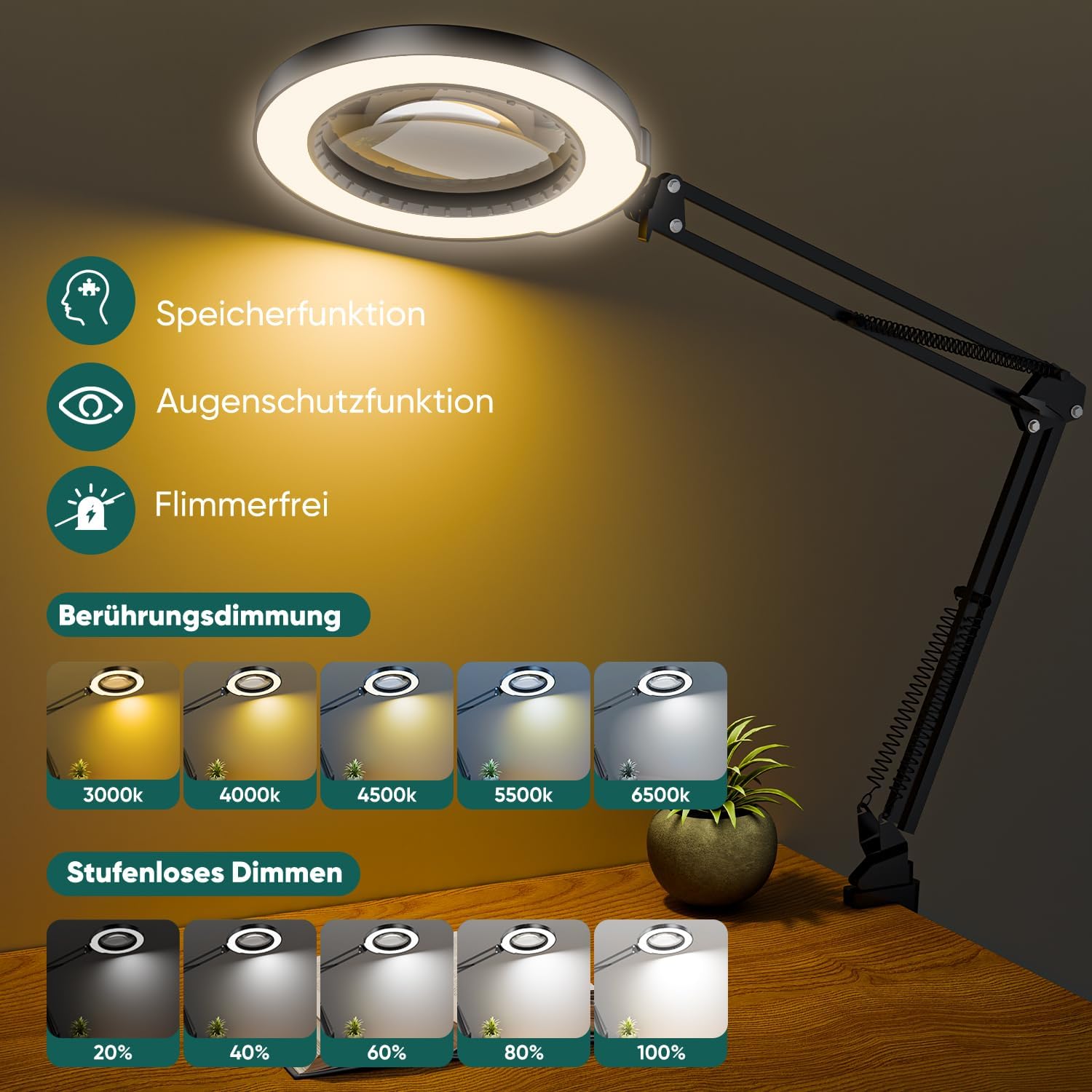 Thumbnail 1 de TYEE 10X Lupenlampe mit Licht und Klemme (5 Farbmodi, stufenlos dimmbar) – Schwarz