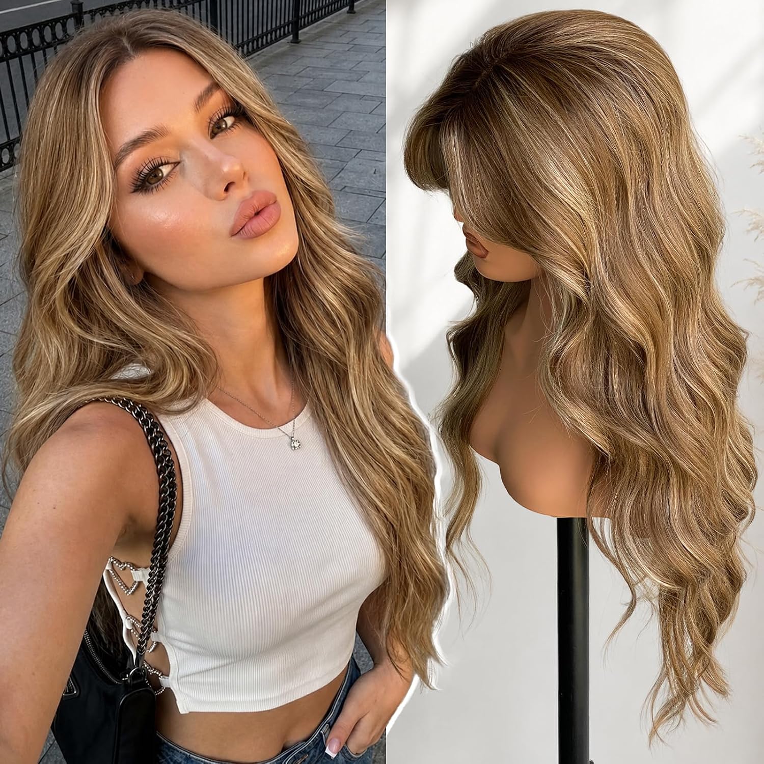 Detalle de KOME Ash Brown 28-Inch Synthetic Lace Front Wig with Body Waves and Bangs