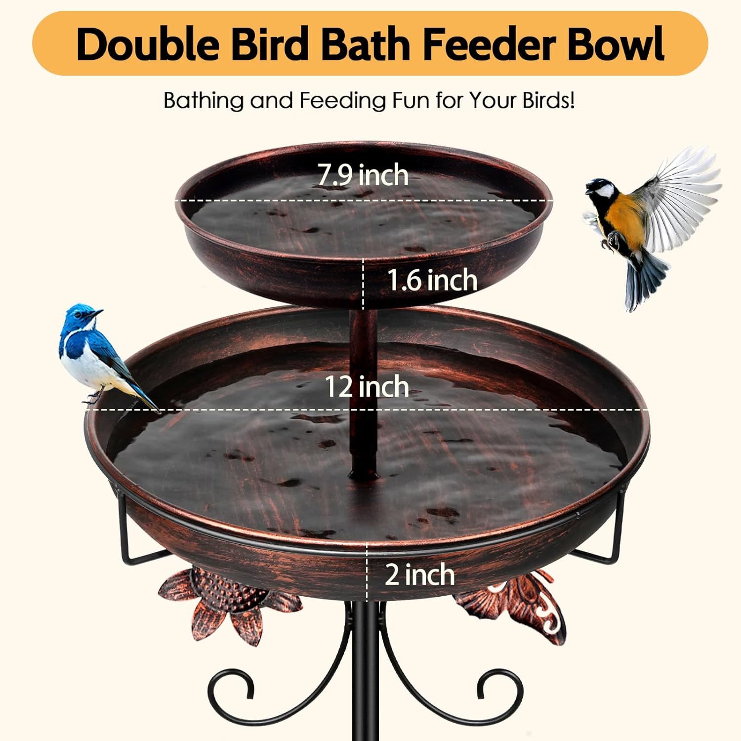Thumbnail 1 de Metal Double Bird Bath & Feeder, 42in Freestanding Outdoor Birdbath (Antique Bronze) with 5-Pronged Base