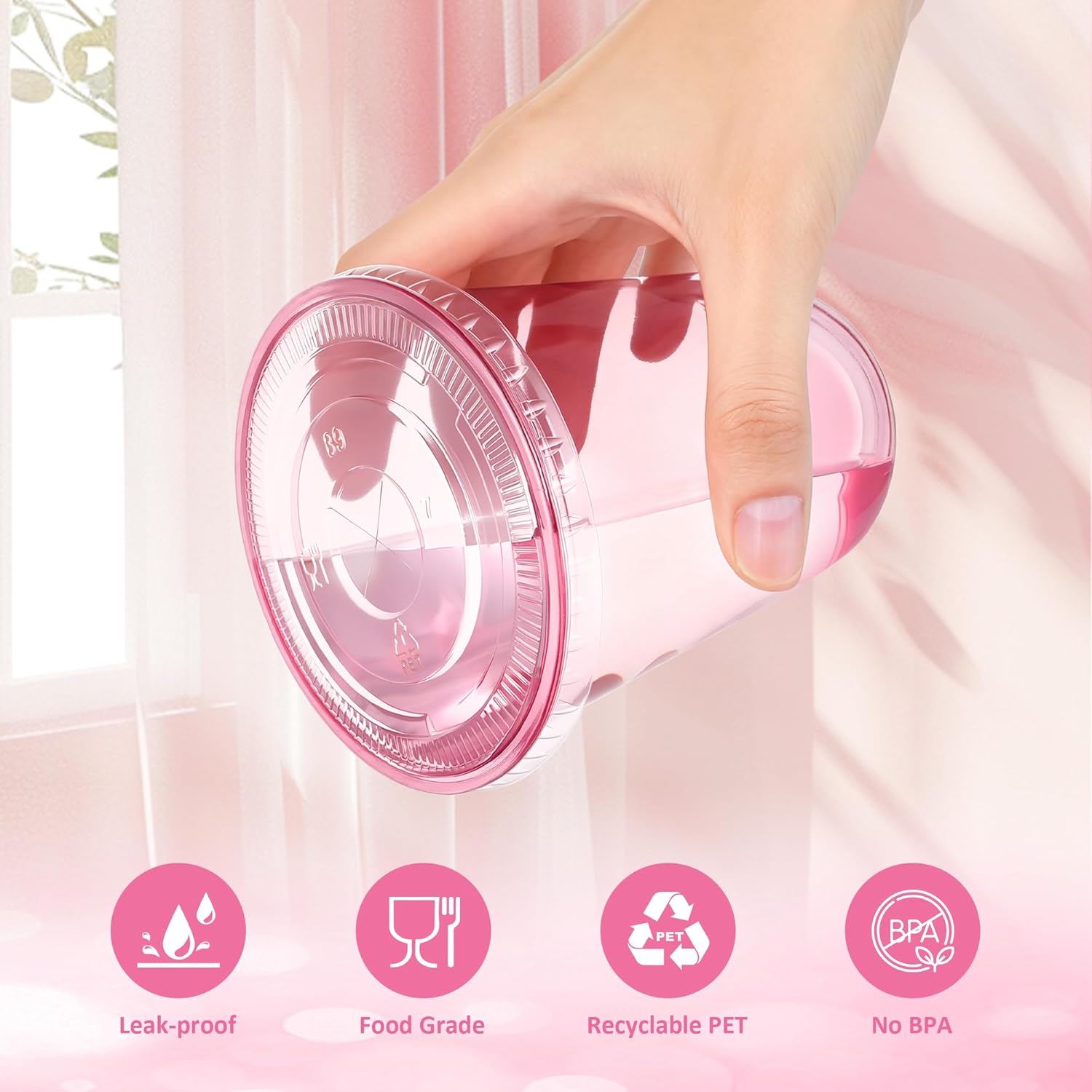Thumbnail 3 de tchrules 100 Set 16oz Pink Plastic Cups with Lids & Straws — Disposable to Go Cups for Cold Drinks