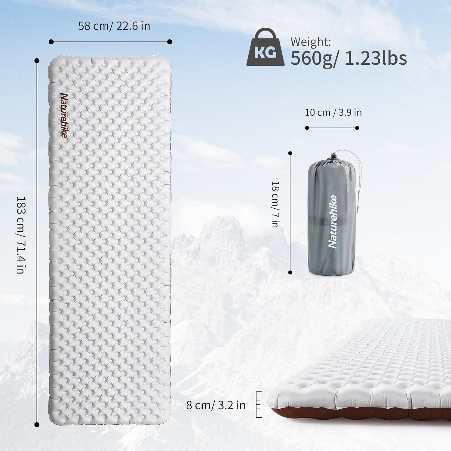 Detalle 2 de Naturehike Ultraleicht Camping Isomatte 5,8 R-Wert, 8 cm Dicke – Aufblasbare Schlafmatte, 183×58 cm, PFAS-frei