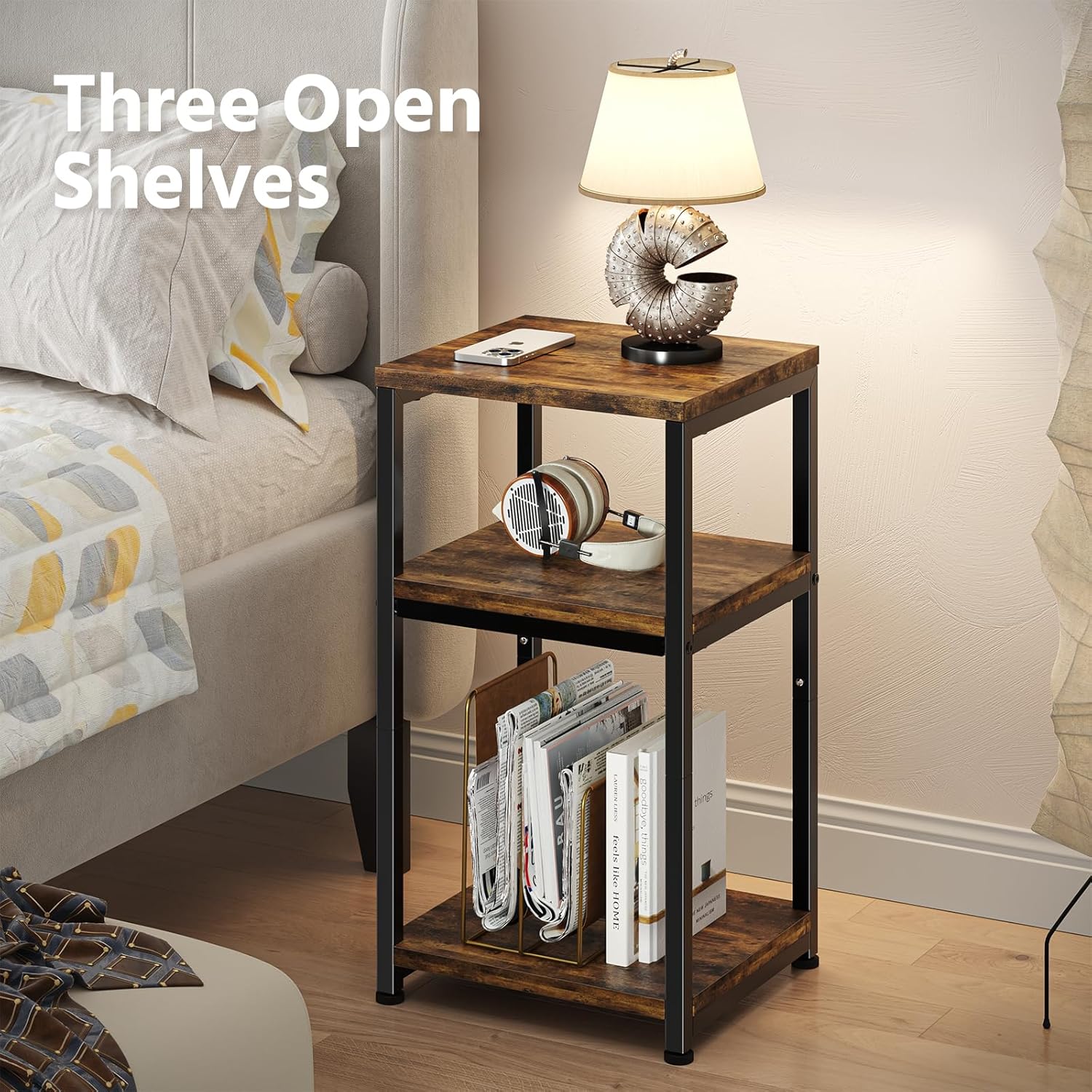Thumbnail 4 de Simple Trending Side Table: Rustic Brown 3-Tier End Table for Small Spaces