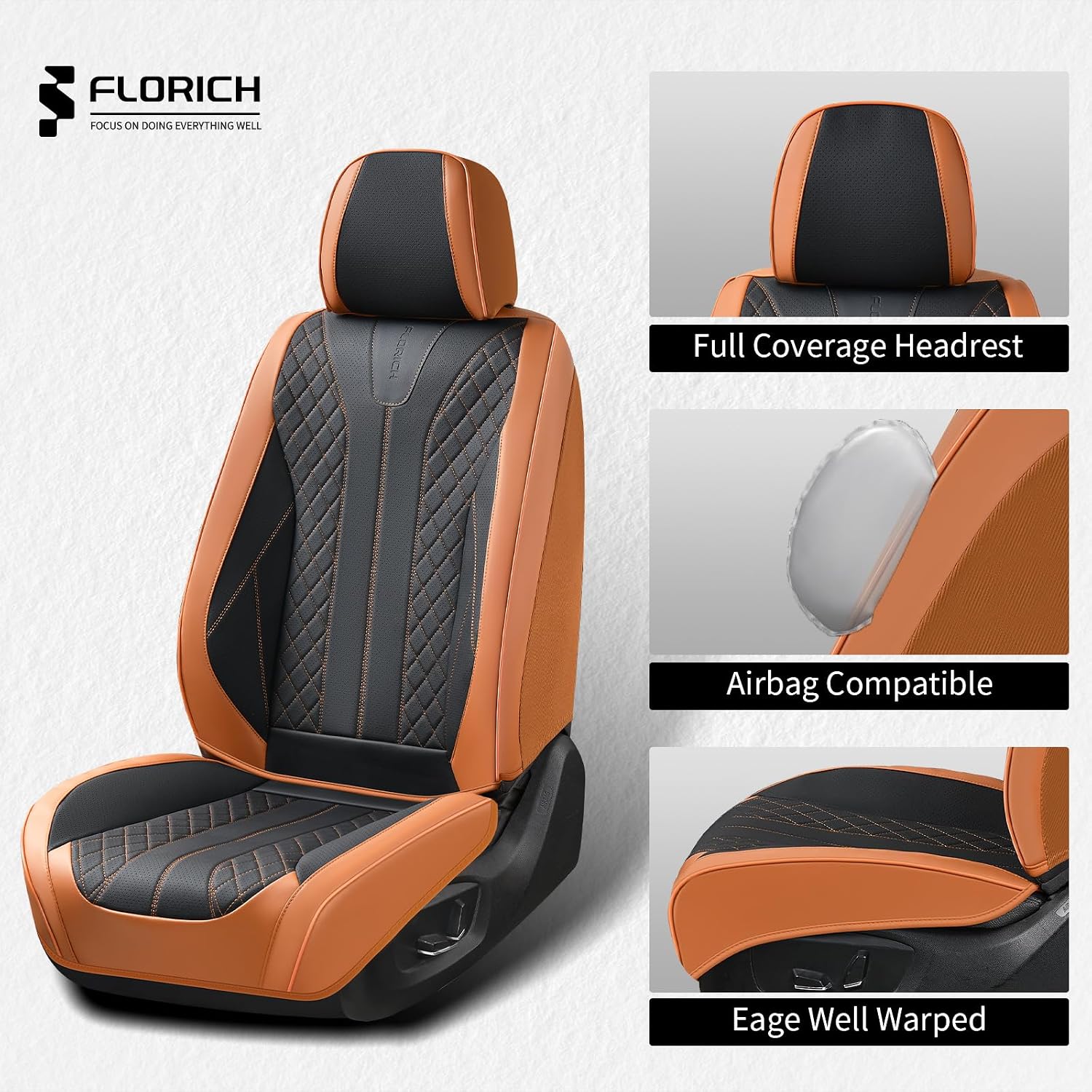 Detalle de FLORICH Leather Seat Covers for Cars (Front) – Waterproof Faux Leather, Universal Fit, Brown & Black