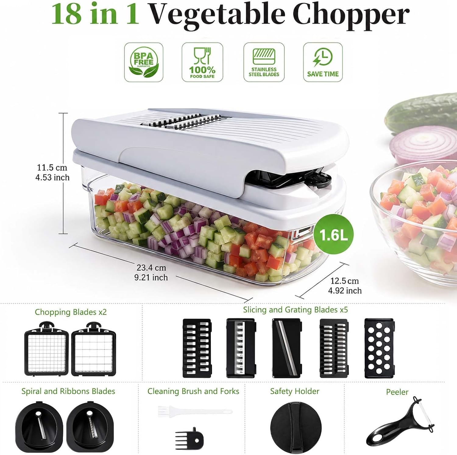Detalle 2 de 18-in-1 Vegetable Chopper Mandoline Slicer with Container (18 interchangeable stainless steel blades)