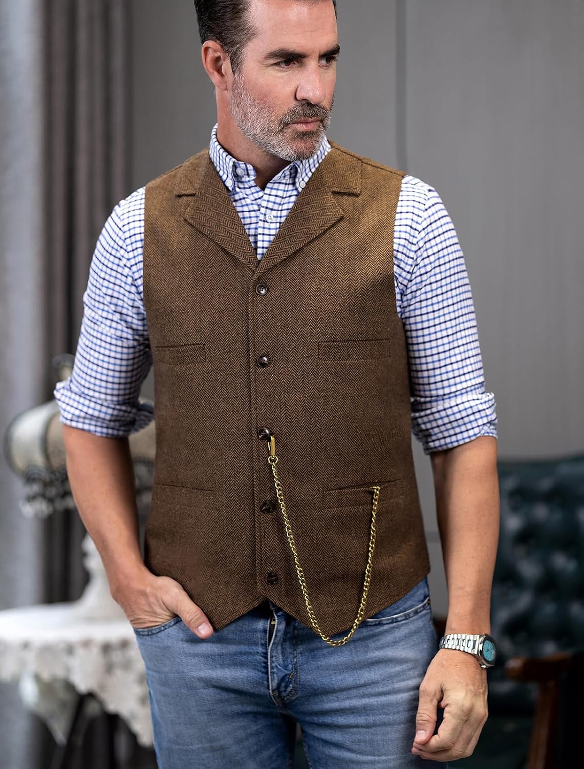 Detalle 2 de AeoTeokey Classic Wool Tweed Waistcoat – Herringbone Vest for Formal Wear
