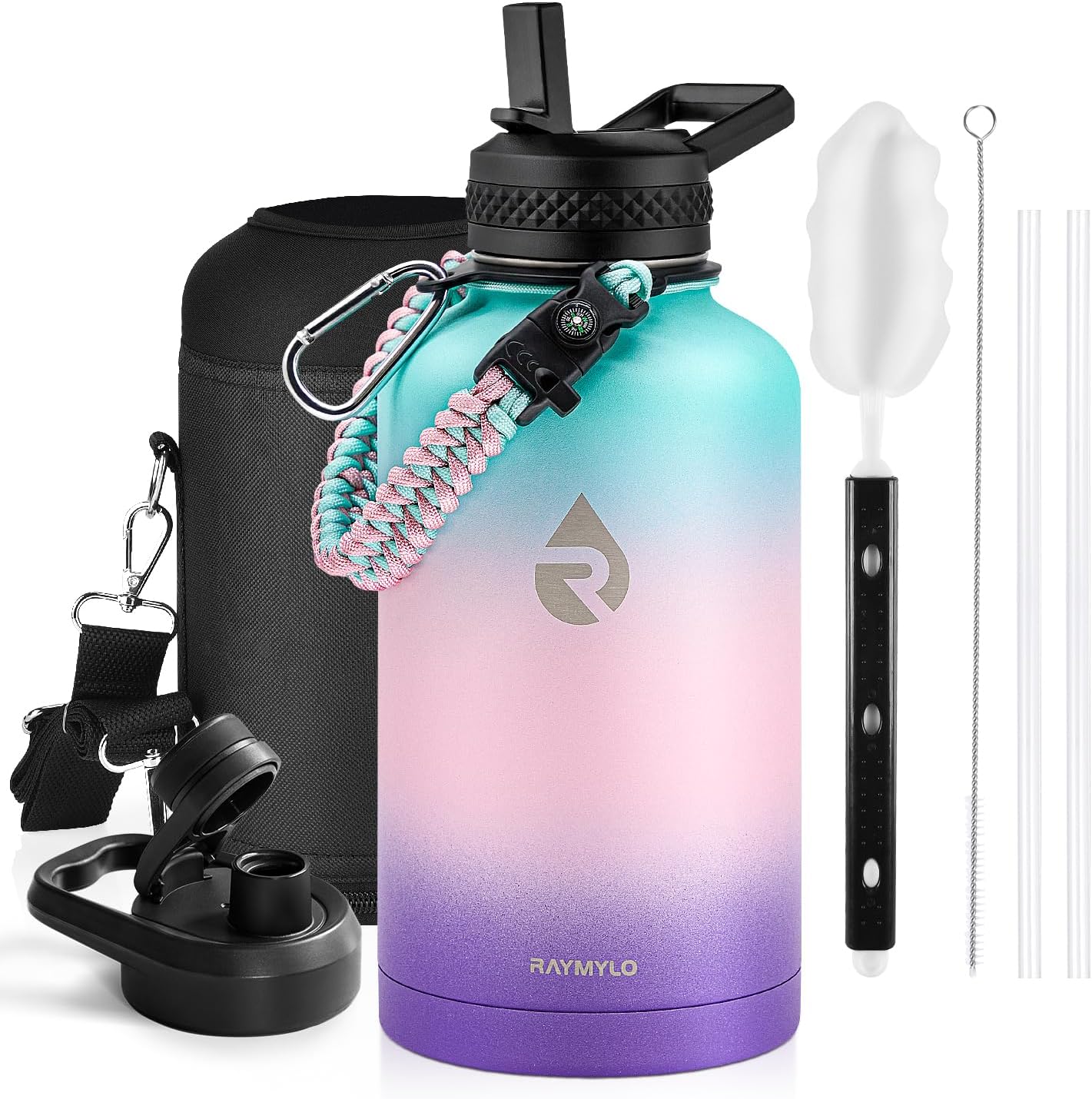 Detalle de RAYMYLO 64 oz Insulated Stainless Steel Bottle with Triple-Wall Vacuum, Leak-Proof Lids, Paracord Handle, and Hydration On-The-Go