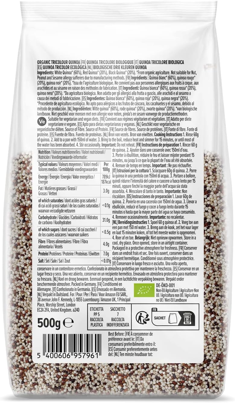 Detalle de Quinoa tricolore biologica by Amazon, 500 g: gusto delicato e versatilità in cucina