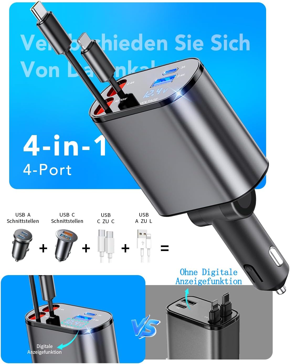 Detalle de Aimtel 4 in 1 Zigarettenanzünder USB C 66W Auto Ladegerät – inkl. einziehbarem Kabel