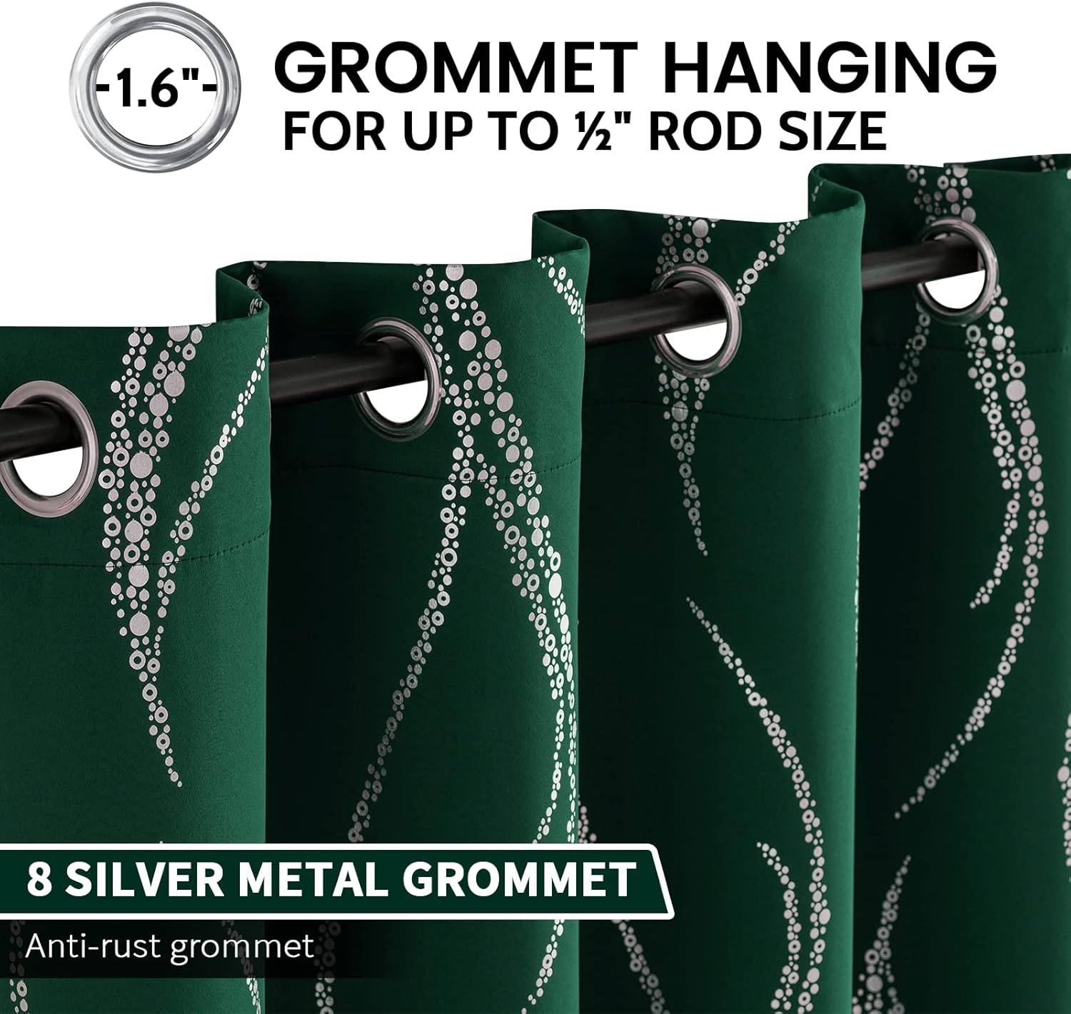 Thumbnail 2 de Yakamok Blackout Curtains 95" Emerald Green Silver Wave Dots 2 Panels