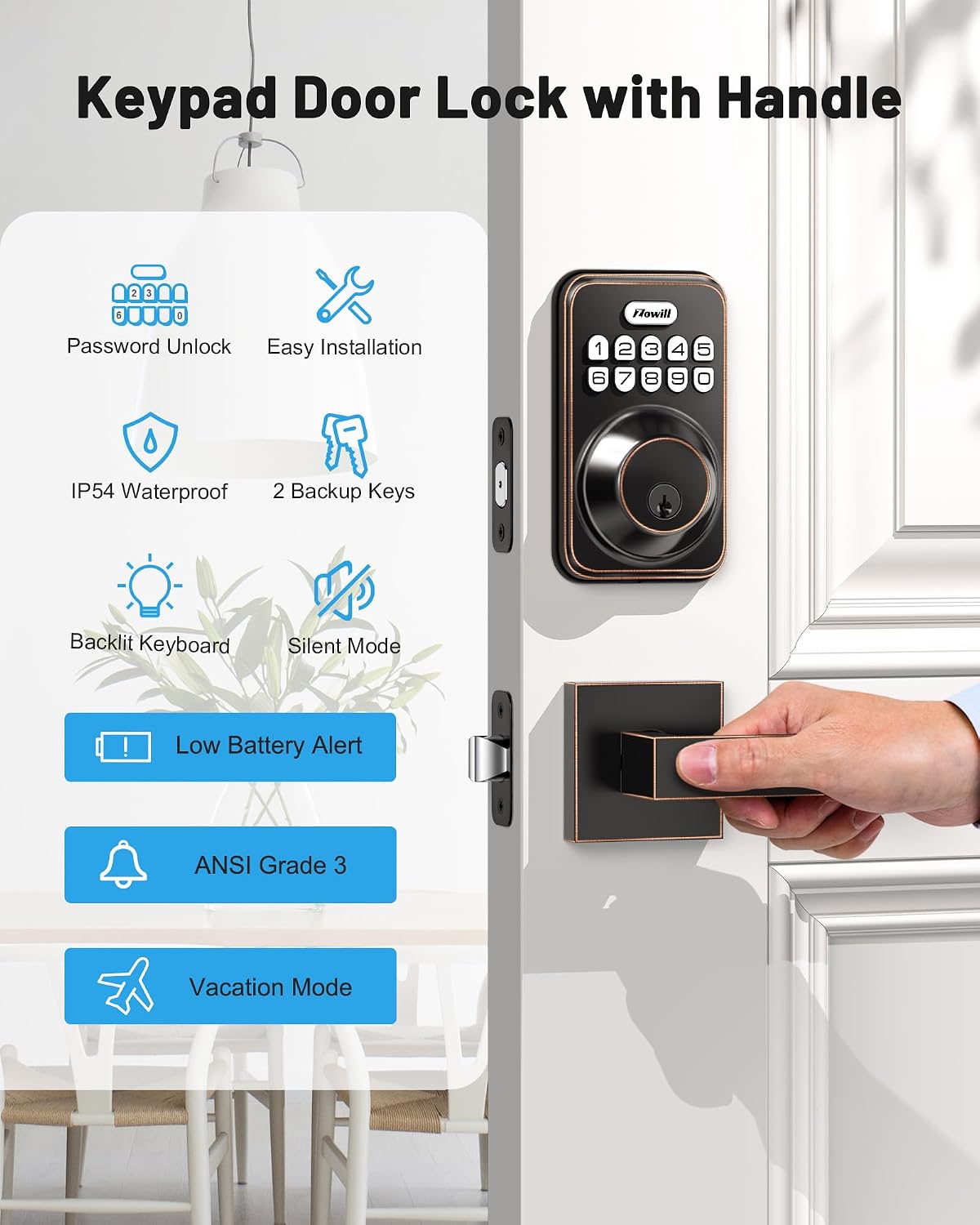 Detalle 1 de Zowill Keypad Deadbolt Lock with Handles, Oil-Rubbed Bronze