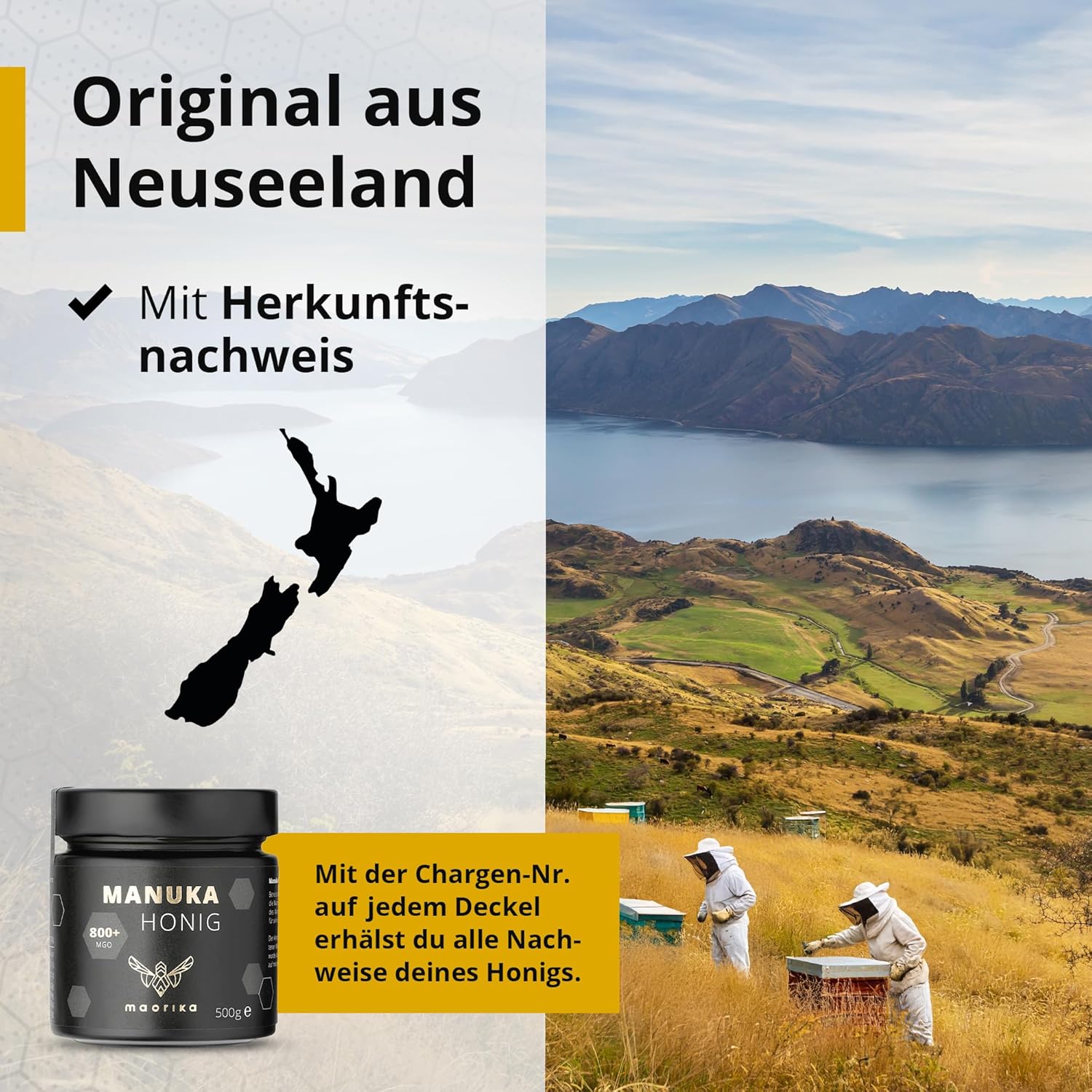 Detalle 2 de maorika Manuka Honig 800 MGO + 500 g im Glas – laborgeprüft, zertifiziert aus Neuseeland (lichtundurchlässig)
