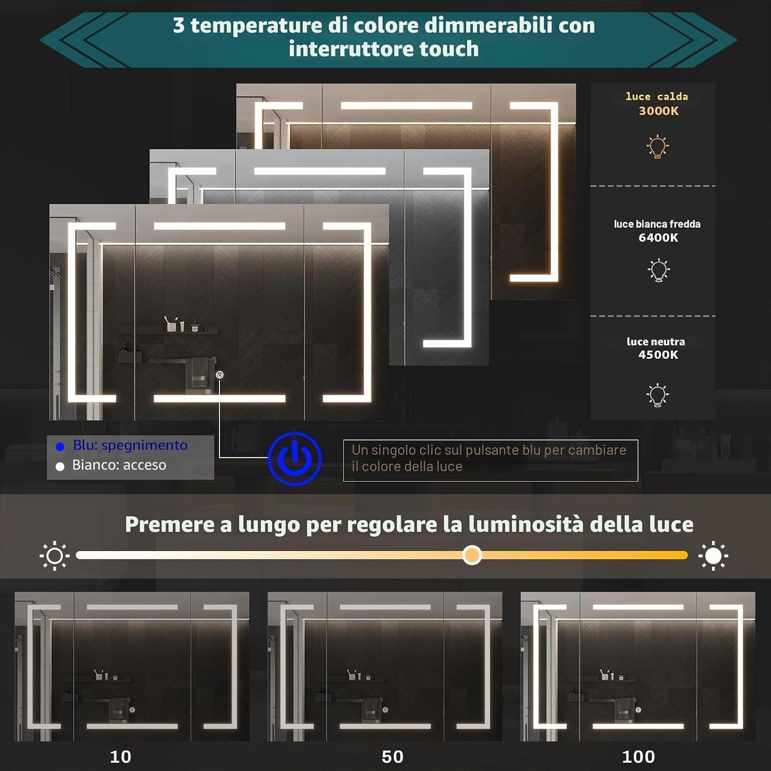 Detalle de DICTAC Specchio Bagno Contenitore con Luce e Presa, 100x60x13,5 cm – Armadietto a Specchio con Illuminazione LED