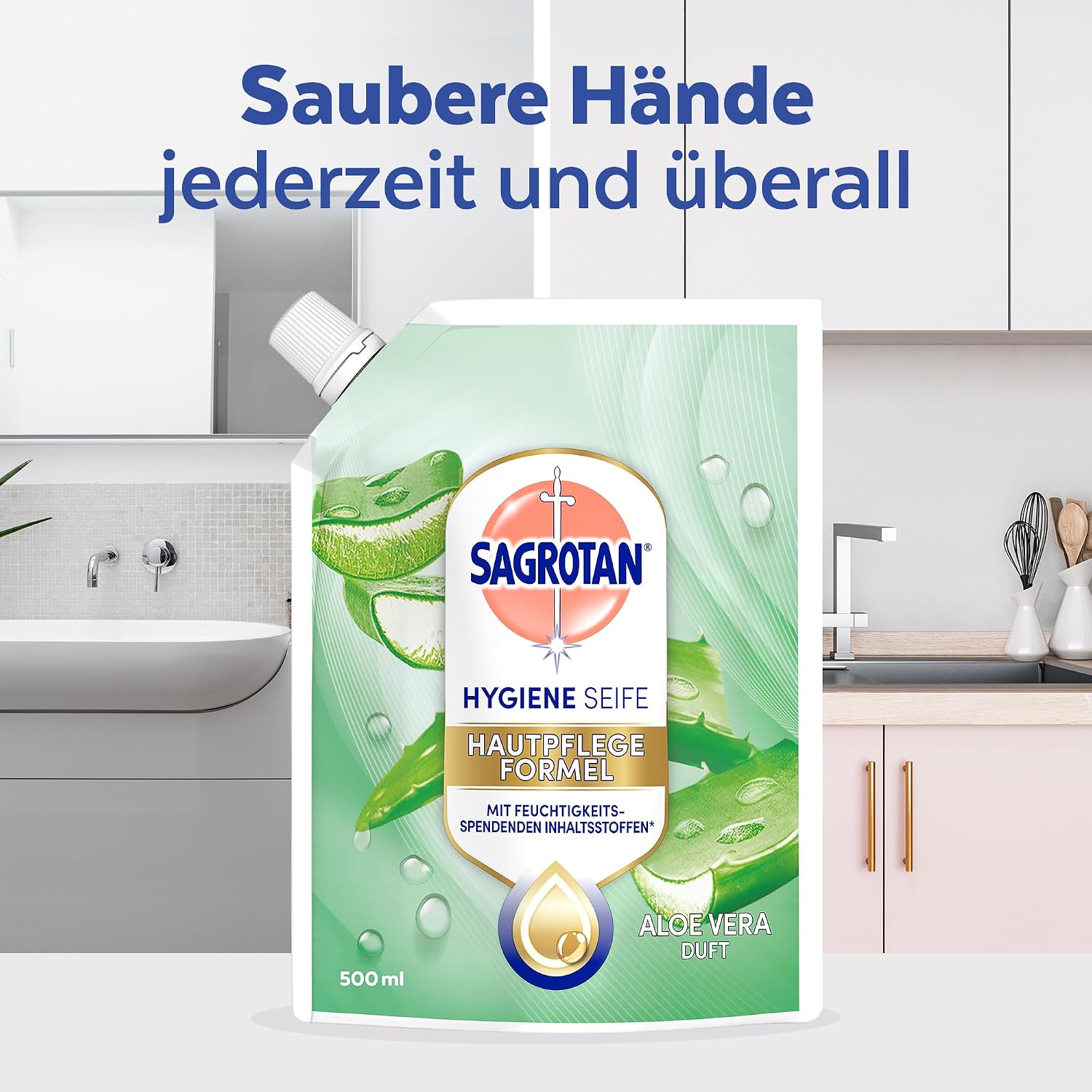 Detalle de Sagrotan Handseife Nachfüller Aloe Vera, 6 x 500 ml – Feuchtigkeitsspendend und stark gegen Bakterien