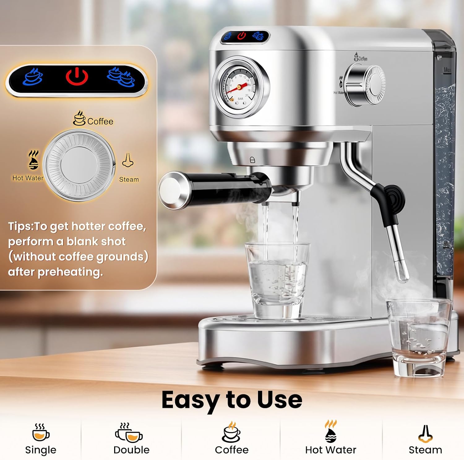 Thumbnail 6 de AERCANA Espresso Machine 20 Bar – Compact 2-in-1 with Milk Frother (Silver)