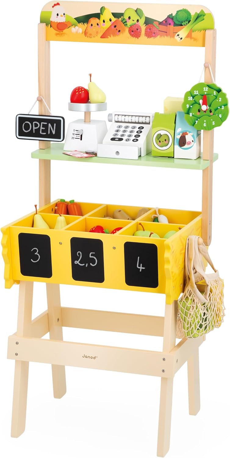 Detalle 2 de Janod Bancarella Bambini Farm Market (J03322) – gioco di imitazione in legno FSC con 32 accessori