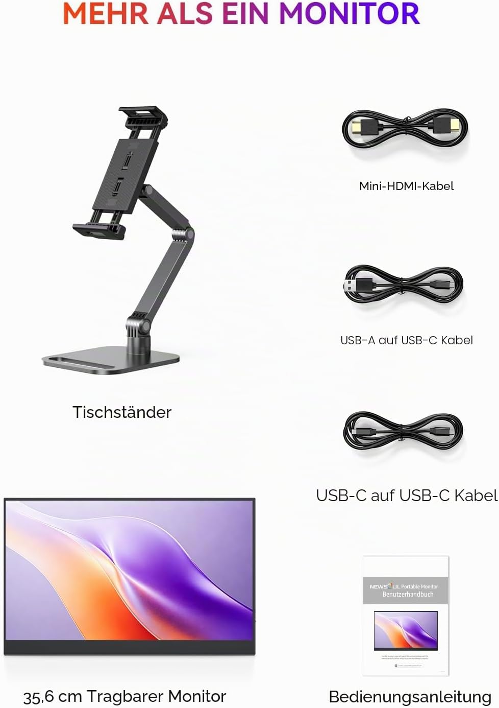 Thumbnail 6 de UPERFECT Tragbarer Monitor 14" – 125% sRGB, HDR, matte IPS, Klappständer, USB-C/mini-HDMI