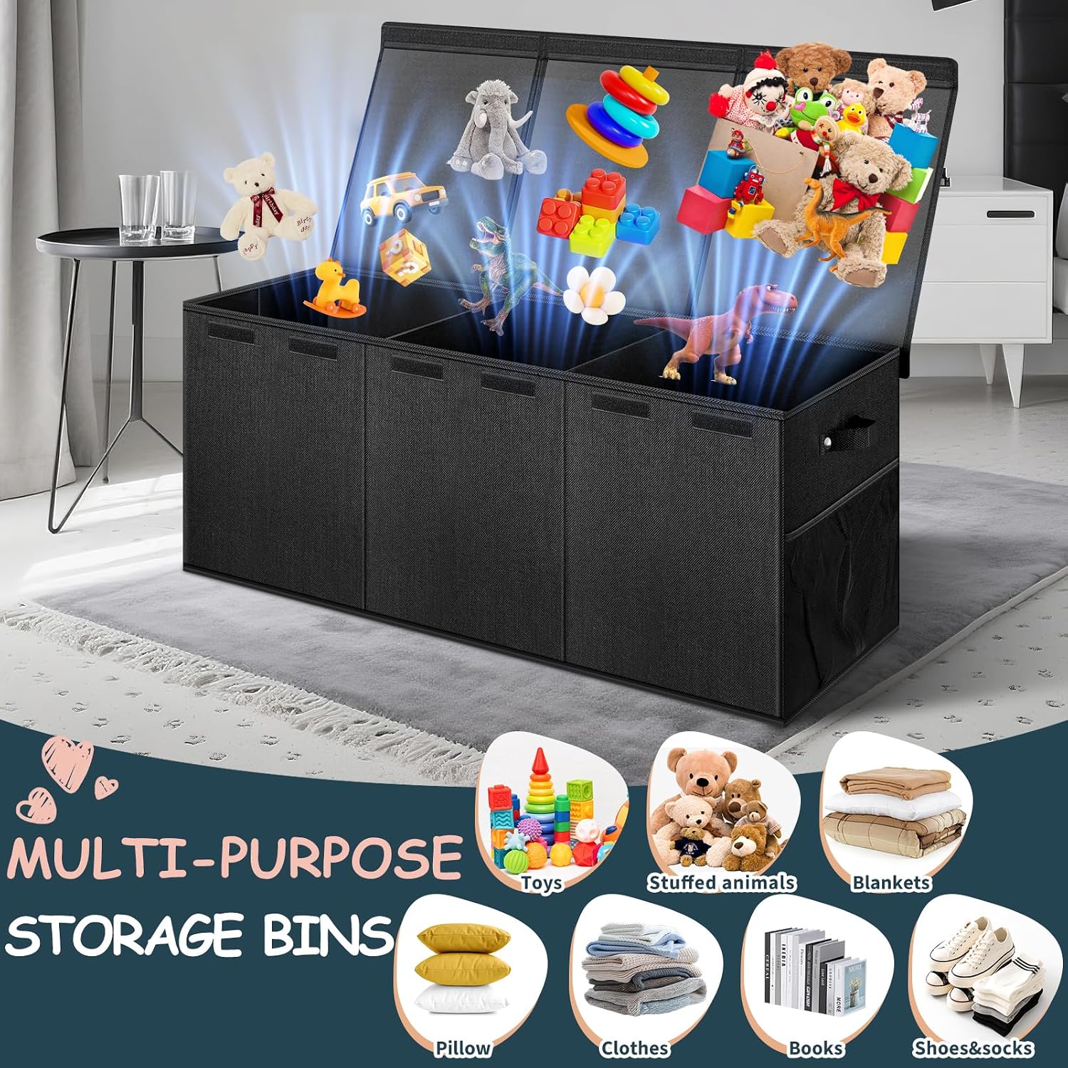Detalle 1 de Rocamdo Extra Large Toy Box, 38" x 16" x 14", Black Linen with Lids