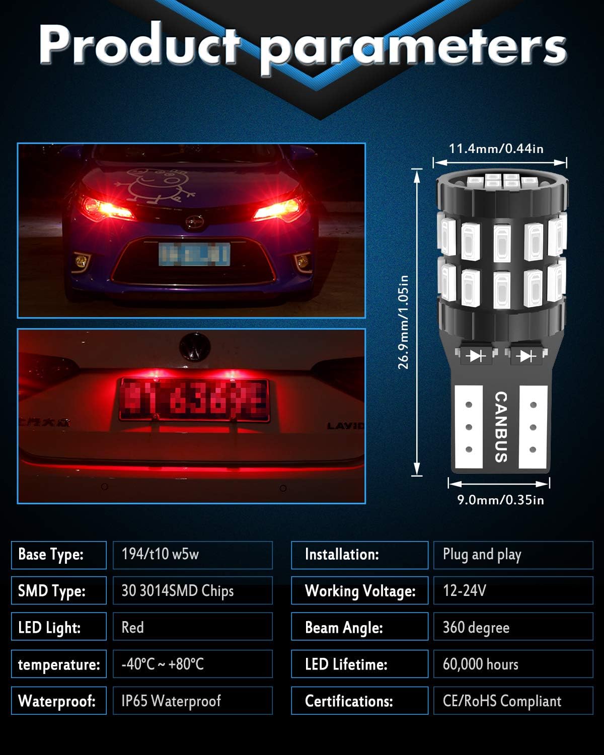 Detalle 2 de KATUR T10 W5W LED 194/168 2825 CANBUS rosso brillante (pack da 2) per luci interne e targa