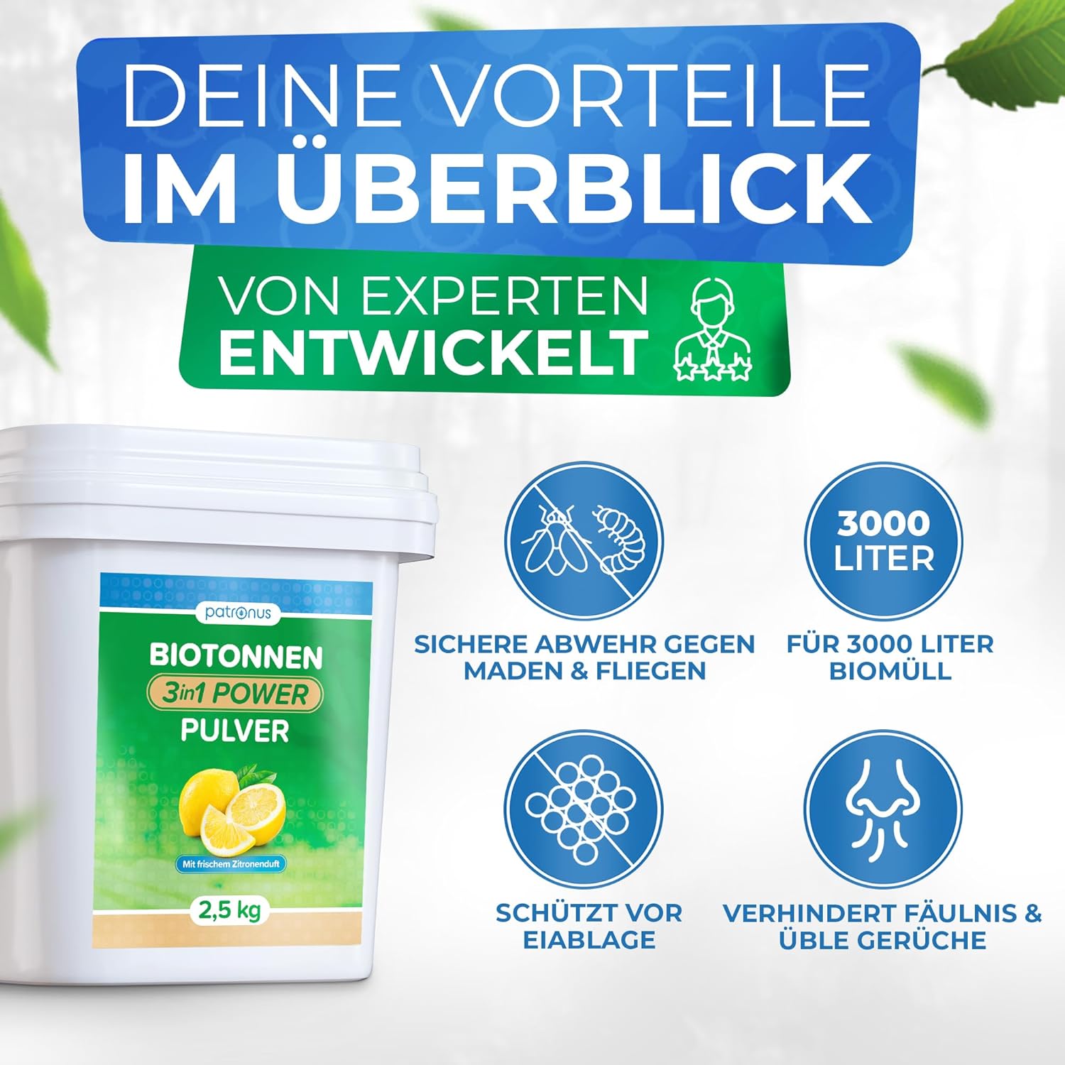 Detalle de Patronus Biotonnenpulver gegen Maden und Geruch – 2,5 kg Vorteilspack für Mülltonne & Biotonne