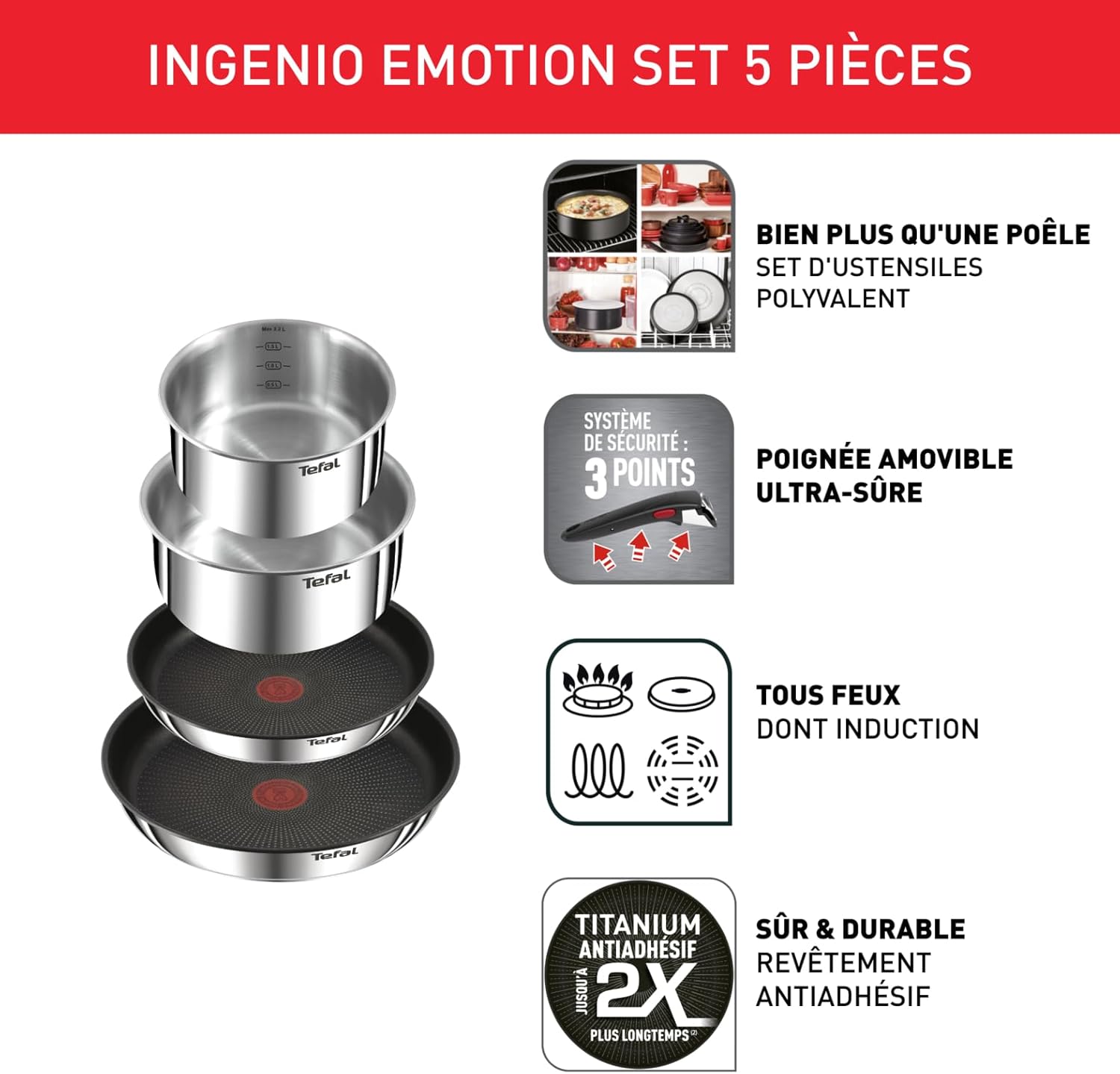 Thumbnail 1 de Tefal Ingenio Emotion L897S504 – lot 2 poêles + 2 casseroles avec poignée amovible, induction, inox