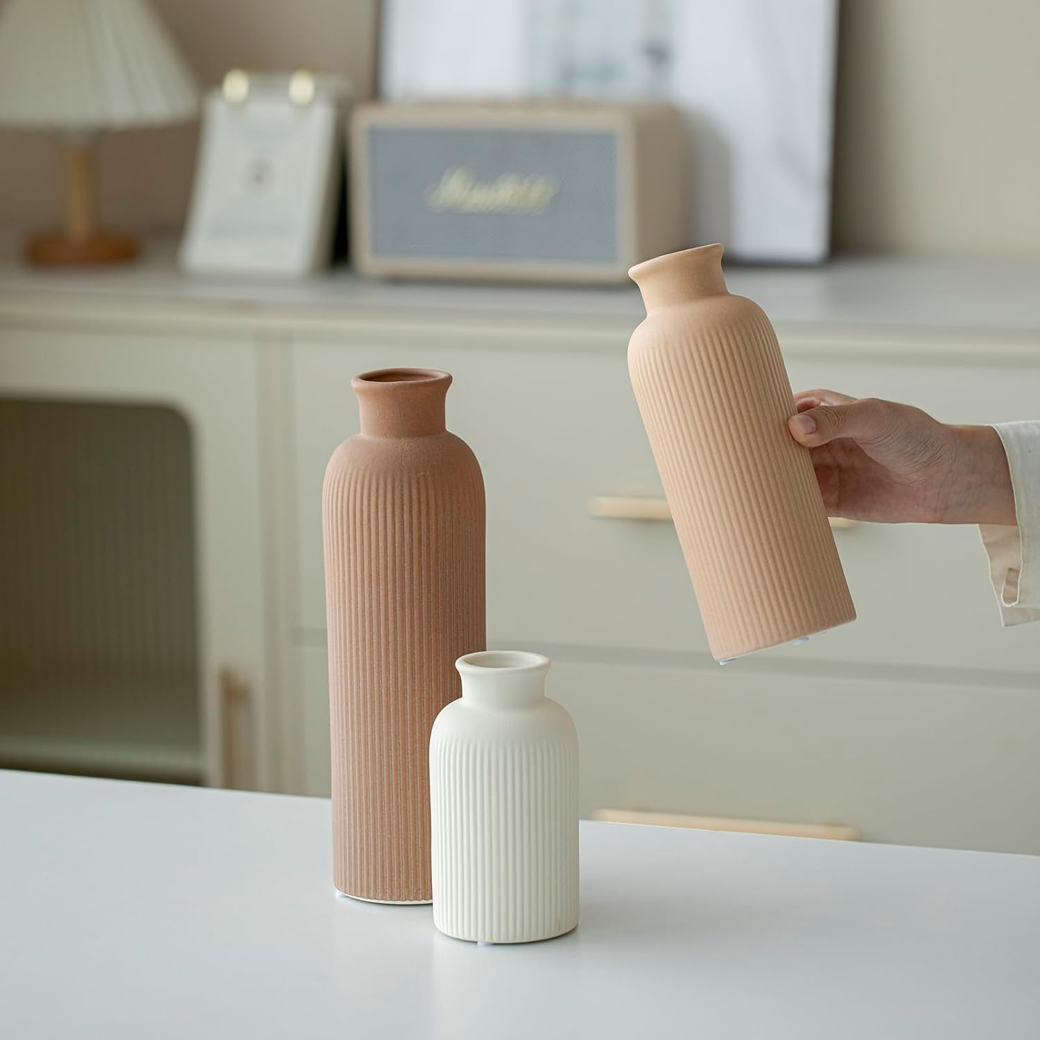 Thumbnail 1 de Keramik Vasen-Set (3-teilig) – kleine Blumenvasen, Orange/Gelb/Weiß, 15/20/25 cm