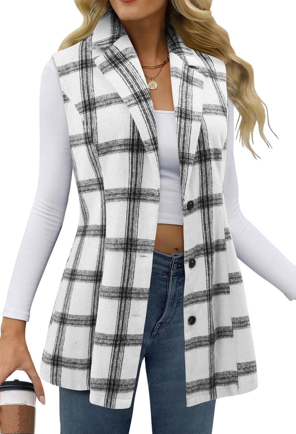 Detalle 2 de BETTE BOUTIK Plaid Flannel Vest for Women, Sleeveless Midi-Length Layer
