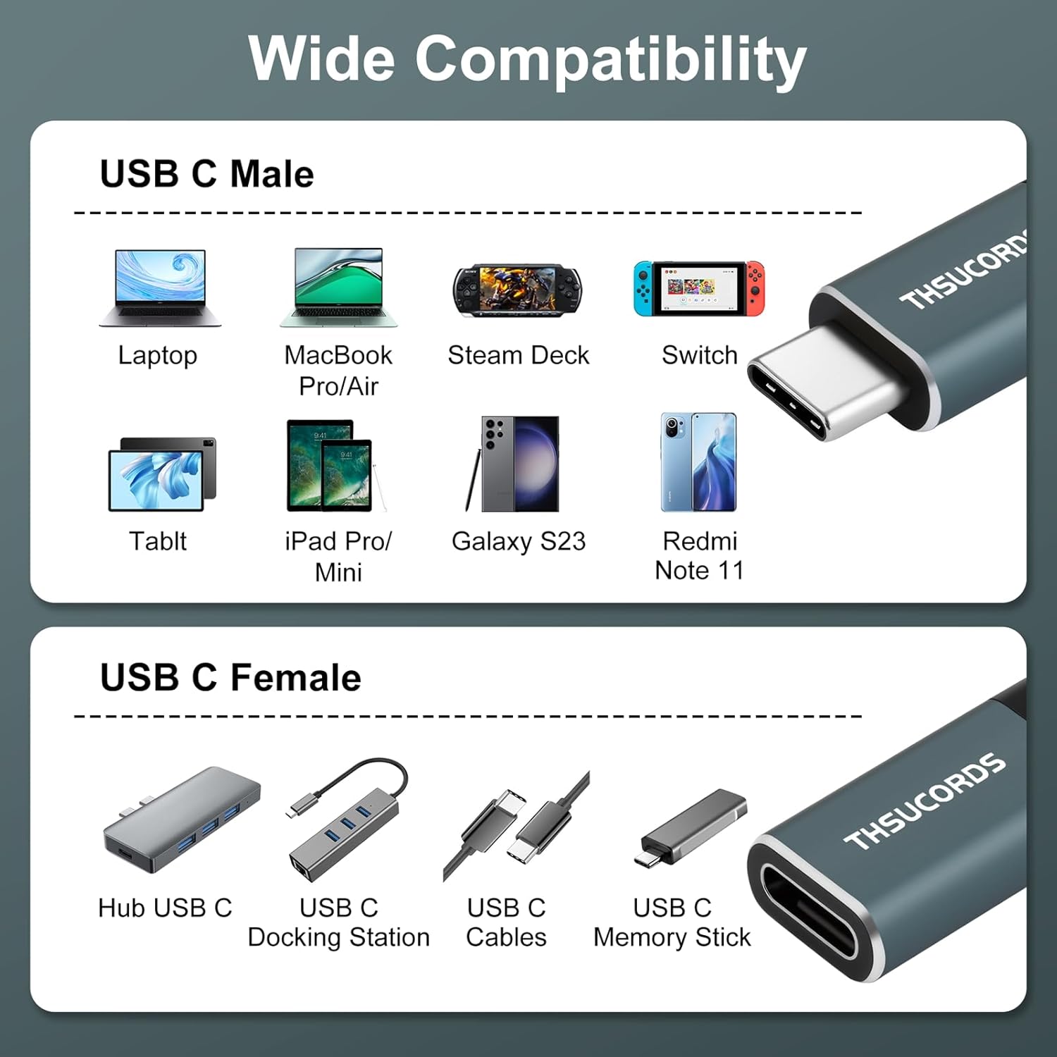 Thumbnail 2 de Thsucords USB C Extension Cable 3M (2-Pack) – USB Type-C 20Gbps 100W, Male to Female