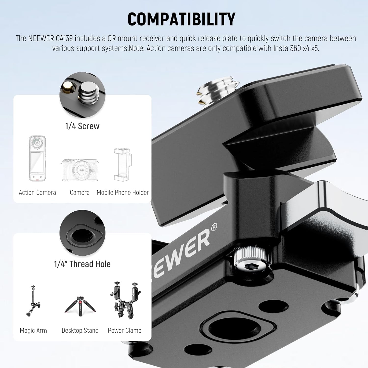 Thumbnail 2 de NEEWER CA139 Schnellwechselplatte für Action-Cam Quick Release (QR) – kompatibel mit Insta 360 X4/X5