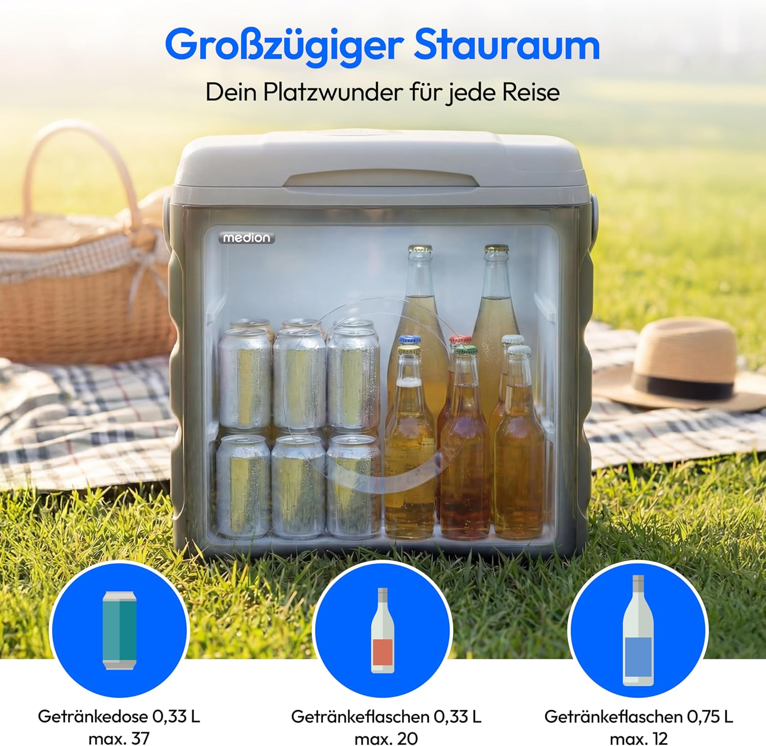 Detalle de MEDION MD370030 Kühlbox 35 L – Tragbar, 12V/230V/USB, Kühl- & Warmfunktion