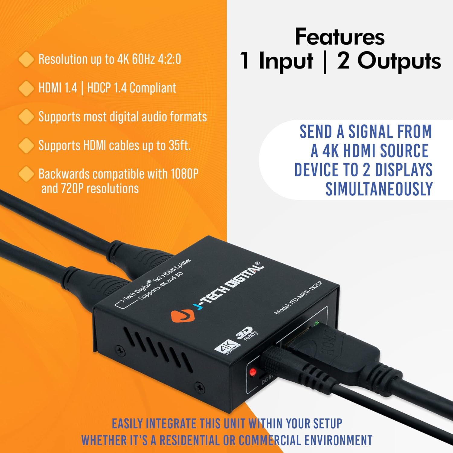 Thumbnail 2 de J-Tech Digital JTD-MINI-1X2SP 4K@60 HDMI Splitter 1x2 Powered (1 in to 2 out)