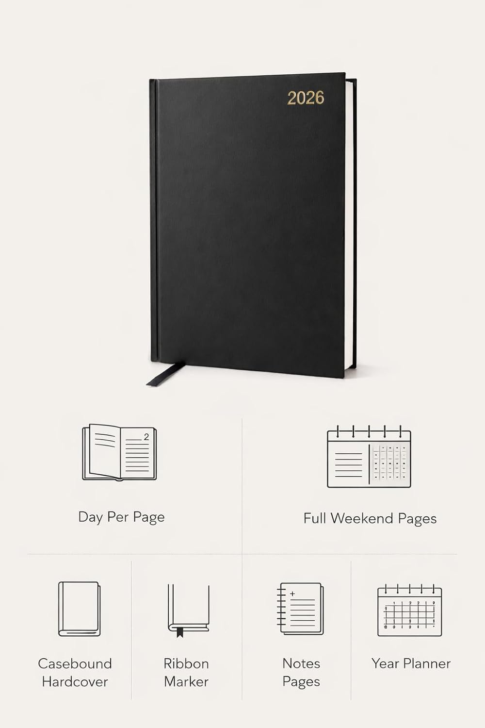 Thumbnail 4 de 2026 Top Sale A4 Day Per Page Hard Cover Diary with Ribbon Bookmark (Black) – daily planner & notes pages