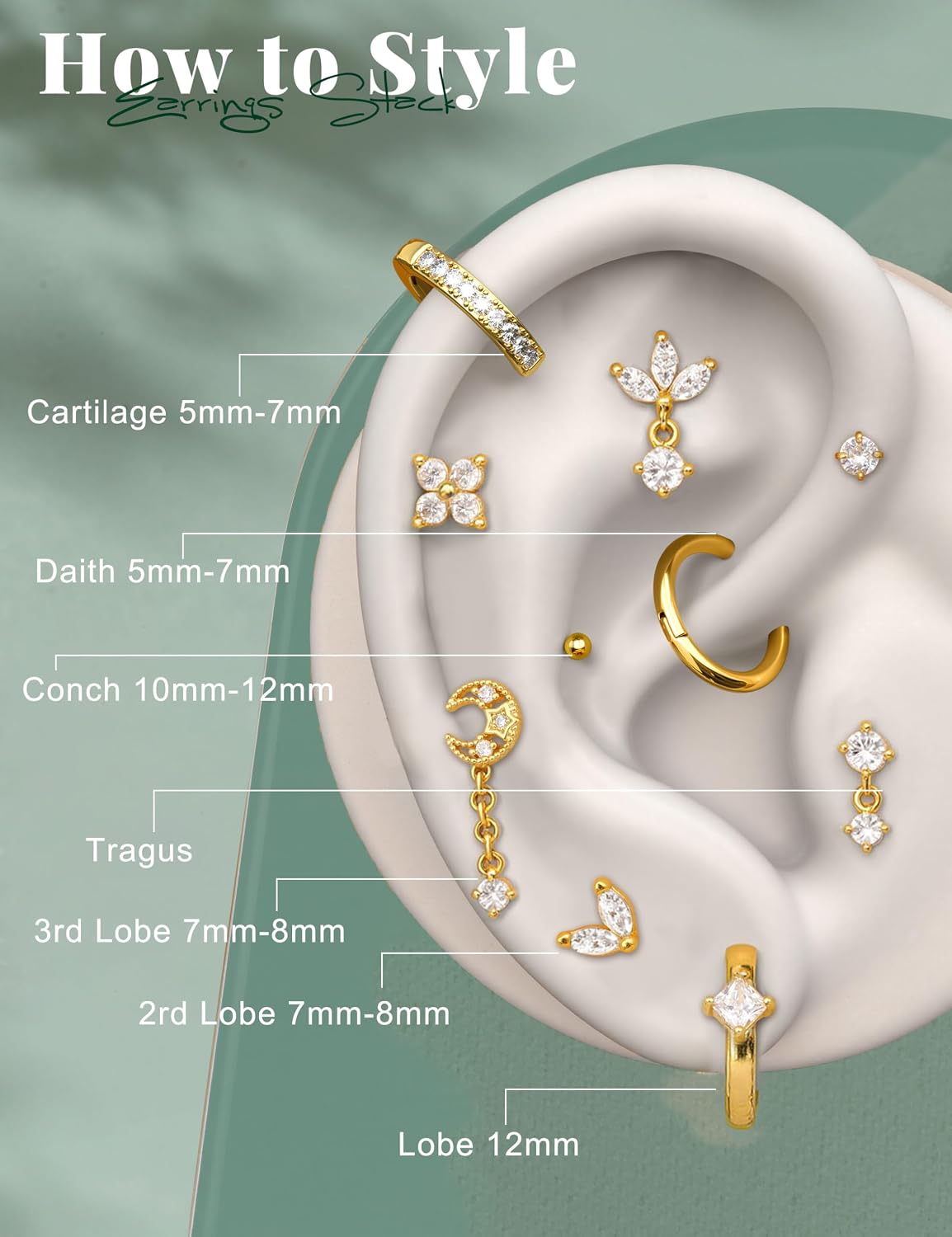 Detalle de MILACOLATO Helix-Piercing Set aus 316L Chirurgenstahl (16 Teile) – Flatback, Tragus, Conch & mehr