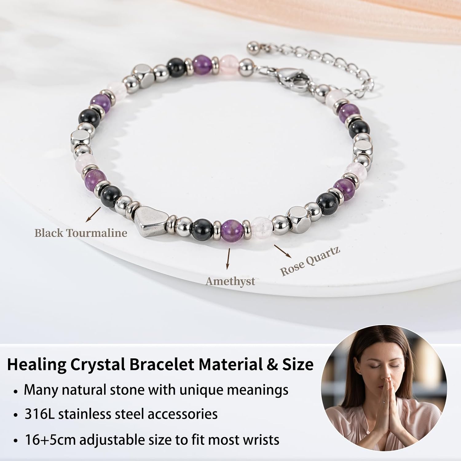 Detalle de ESPVO Crystals Anxiety Bracelet for Women – Amethyst, Black Tourmaline & Rose Quartz Natural Stones