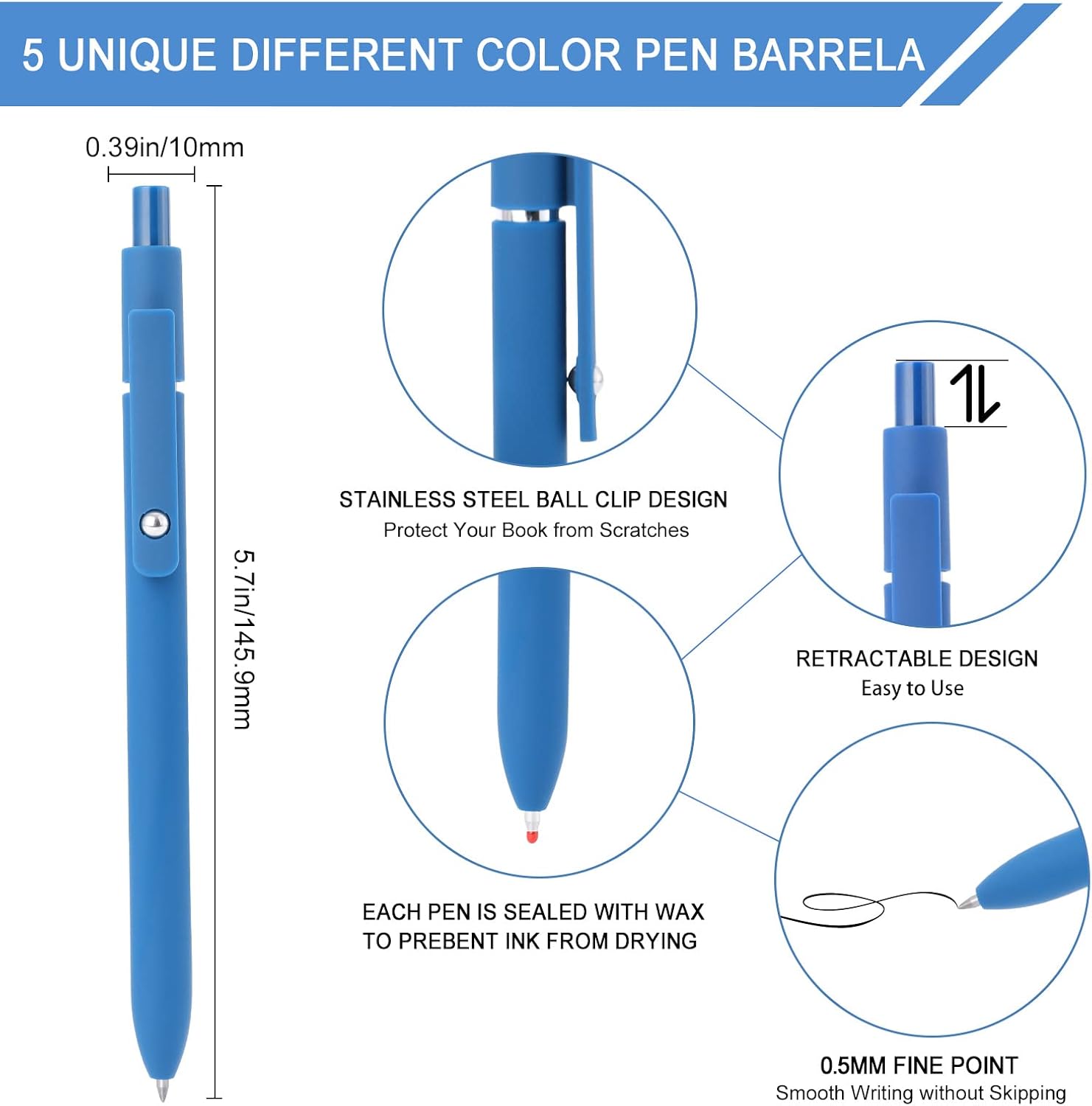 Detalle de FIOVER 5-pack Quick-dry gel pens with fine point and retractable rolling ball (black ink)