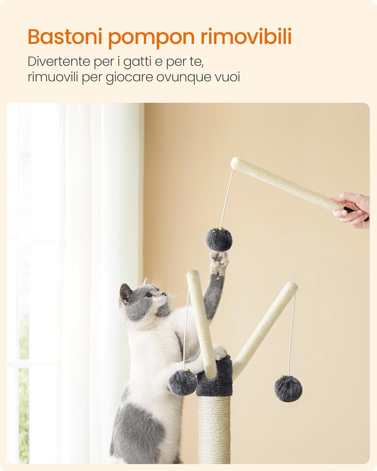 Detalle de Feandrea Tiragraffi per Gatti con Albero a Molti Livelli e Grotta – Grigio Fumo 42 x 32 x 118 cm