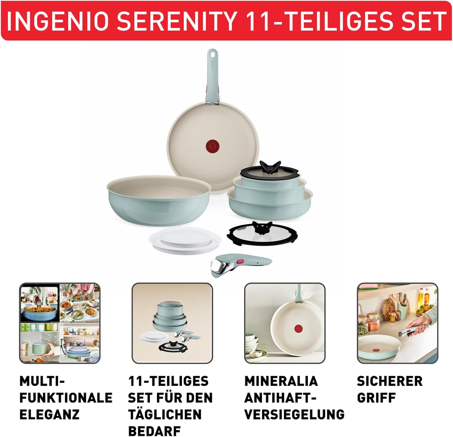 Thumbnail 2 de Tefal Ingenio Serenity Kochgeschirr-Set 11-teilig (stapelbar, abnehmbarer Griff) – Mineralia Antihaft, für alle Herdarten inkl. Induktion