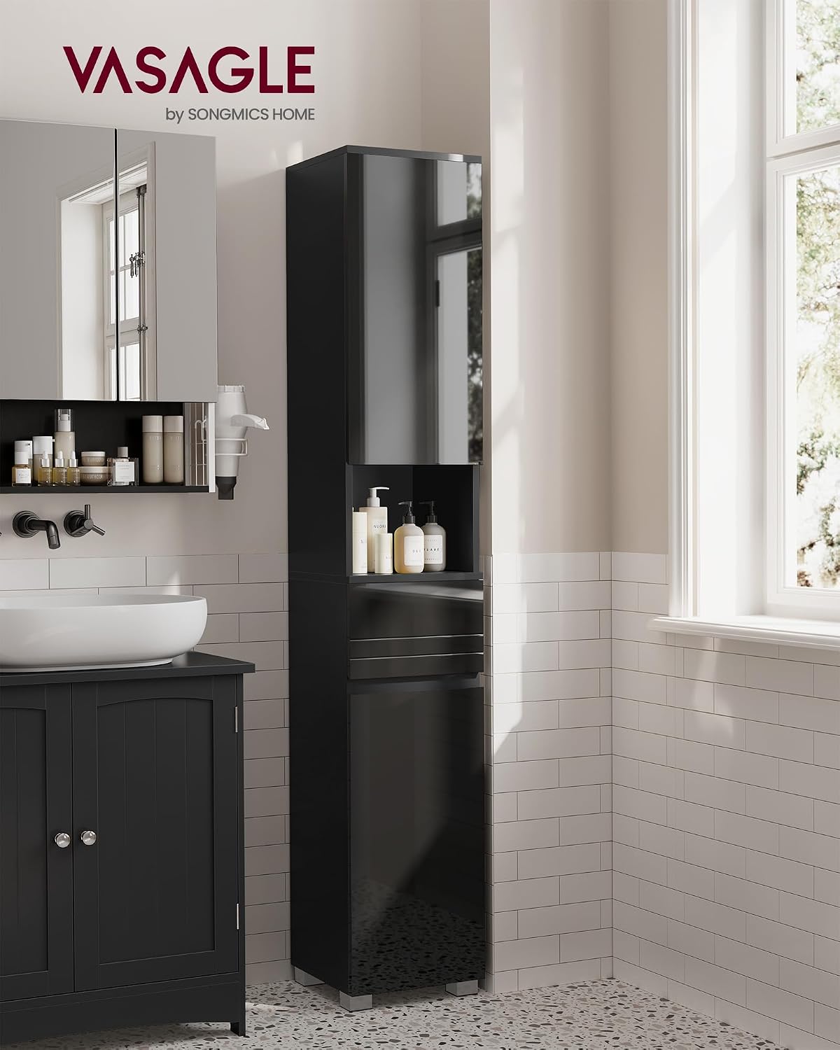 Detalle de VASAGLE Kailyn BBC560B01 Bathroom Cabinet, Ink Black, Adjustable Shelves