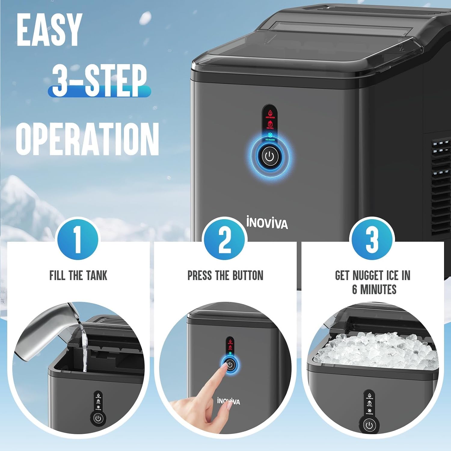 Detalle de inoviva K1.0 Nugget Ice Maker, 6-Minute Ice, Self-Cleaning, 26.5 lbs/Day