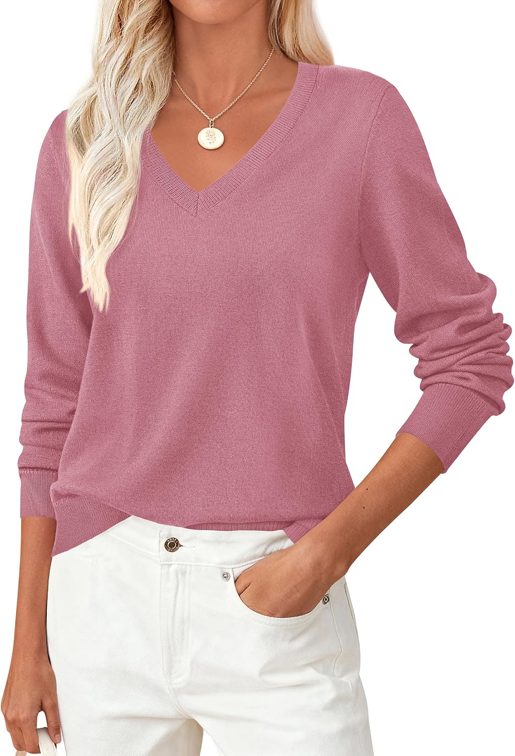 Detalle de PRETTYGARDEN Women’s V-Neck Knit Sweater, Loose Fit, Long Sleeves, Ribbed
