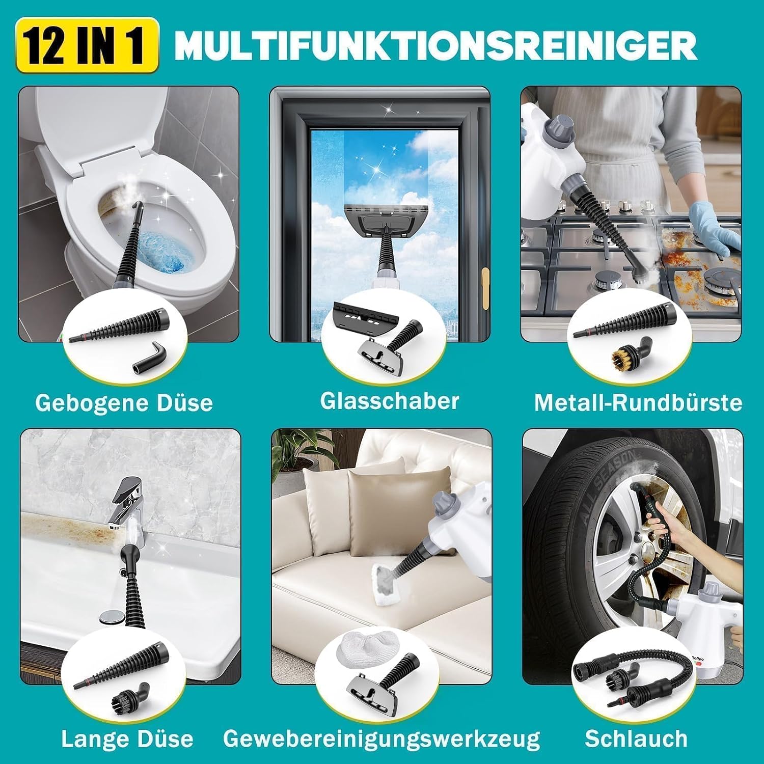 Detalle de Rolipo Dampfreiniger Handgerät mit 12-Teiligem Zubehör – 1050W, 135°C, chemiefrei reinigen