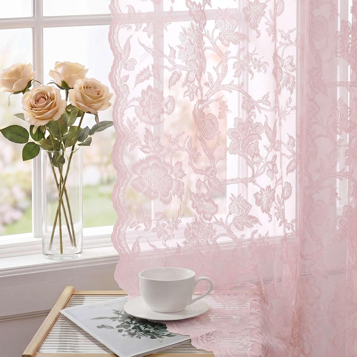 Detalle de H.VERSAILTEX Light Pink Lace Curtains, 90-Inch, 2 Panels, Floral Rod Pocket