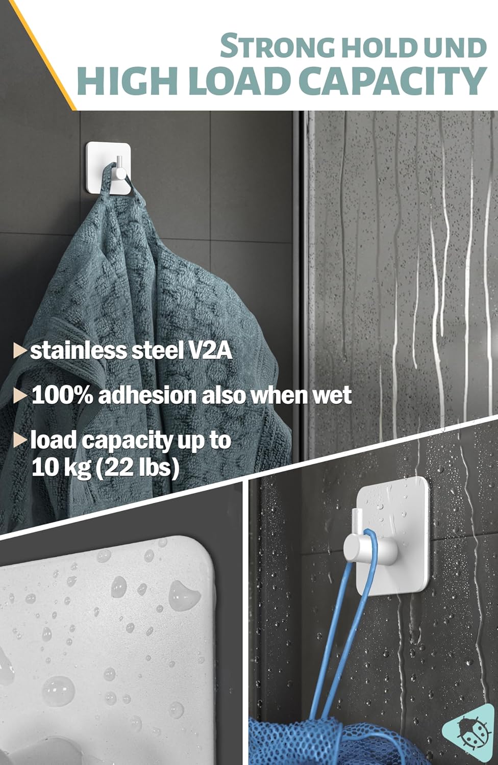 Detalle 2 de Menz self-adhesive hooks set of 6 (white) – waterproof stick-on hooks for towels and robes