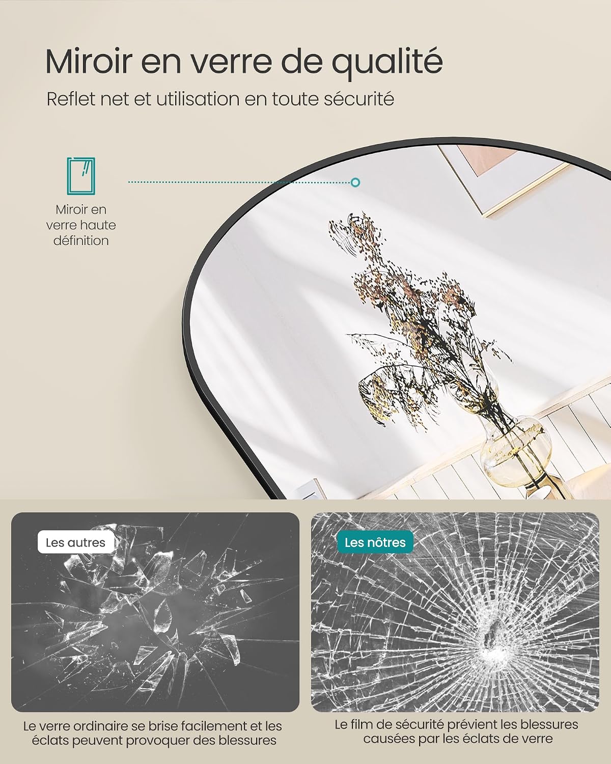 Detalle de SONGMICS LFM031B01 gebogen vloerspiegel 160 x 50 cm, gehard glas