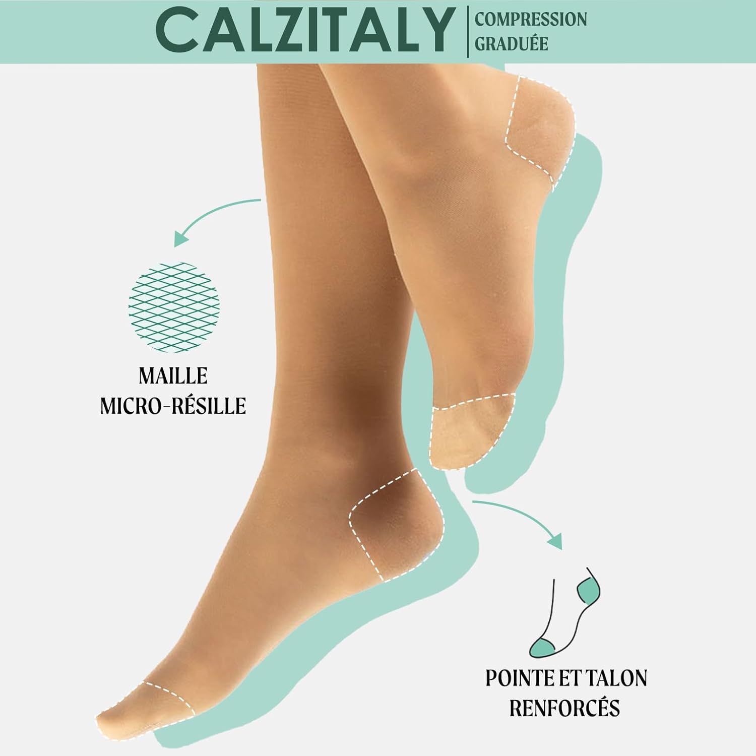 Detalle de CALZITALY Bas Autofixants de Contention avec Compression Graduée Forte 15-21 mmHg – 140 DEN, Noir / Beige, Tailles S à XL, Made in Italy