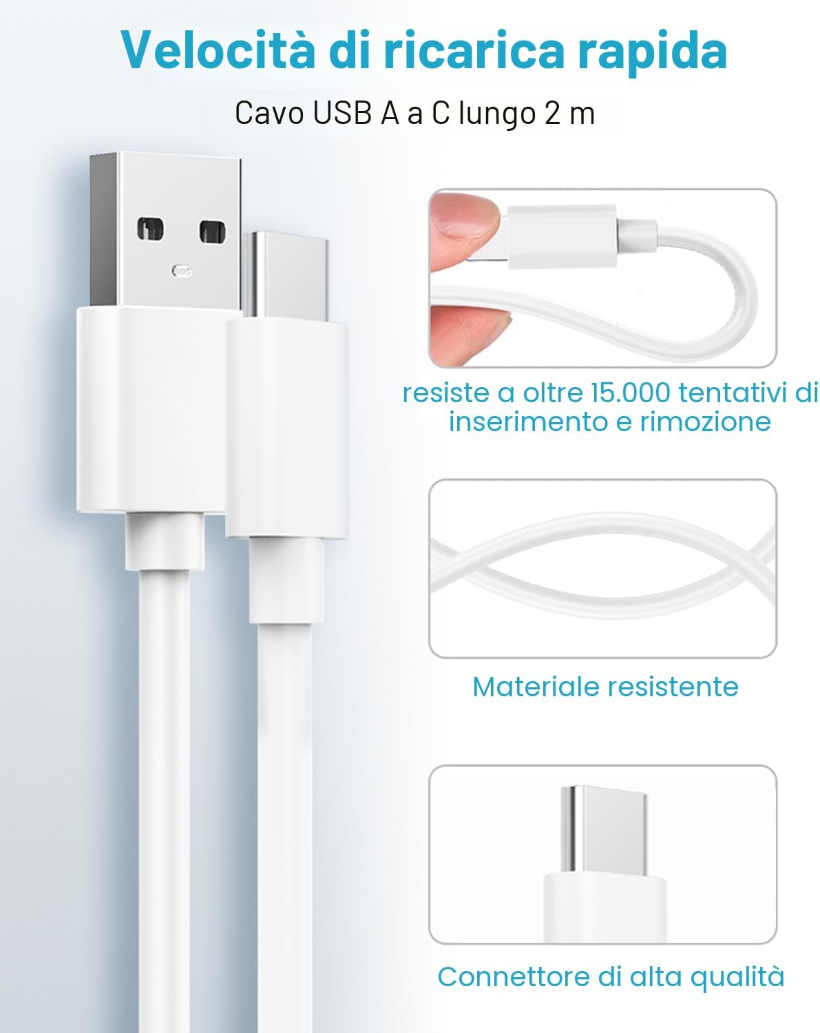 Detalle de Caricatore USB 18W con cavo USB Type-C 2m e Quick Charge 3.0 (per Samsung Galaxy e Xiaomi Redmi)