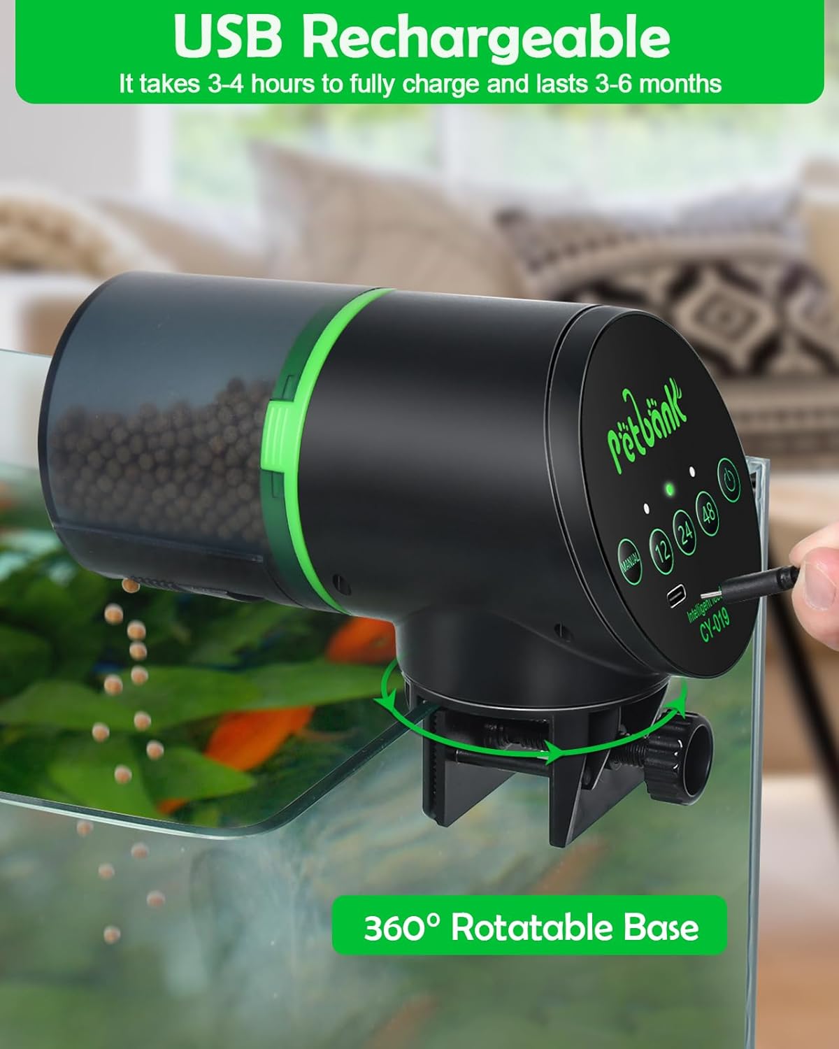 Detalle de Petbank Automatic Aquarium Feeder – Auto Fish Food Dispenser (Rechargeable, USB)