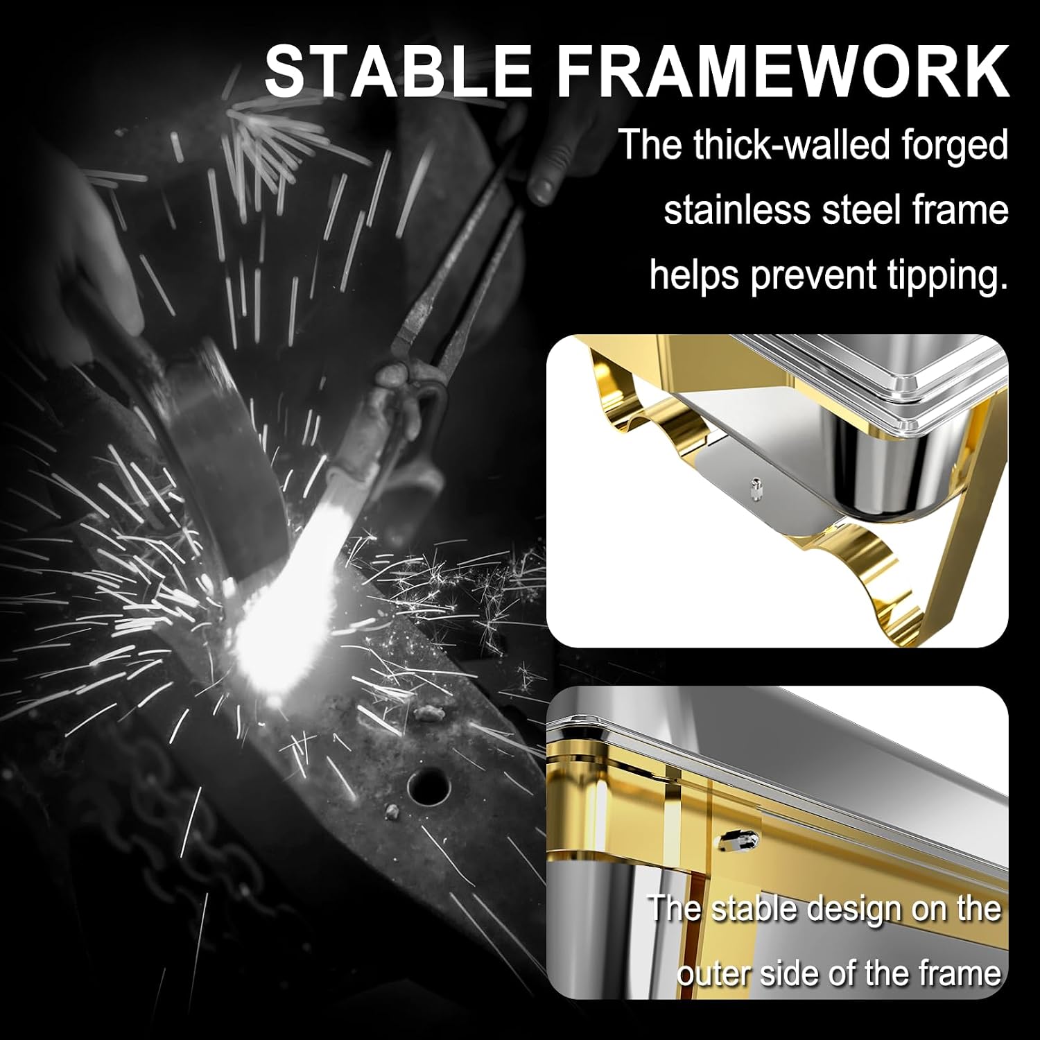 Detalle 2 de Chafing Dishes for Buffet 4 Pack, 11QT Square Stainless Steel Food Warmers with Gold & Silver Accents