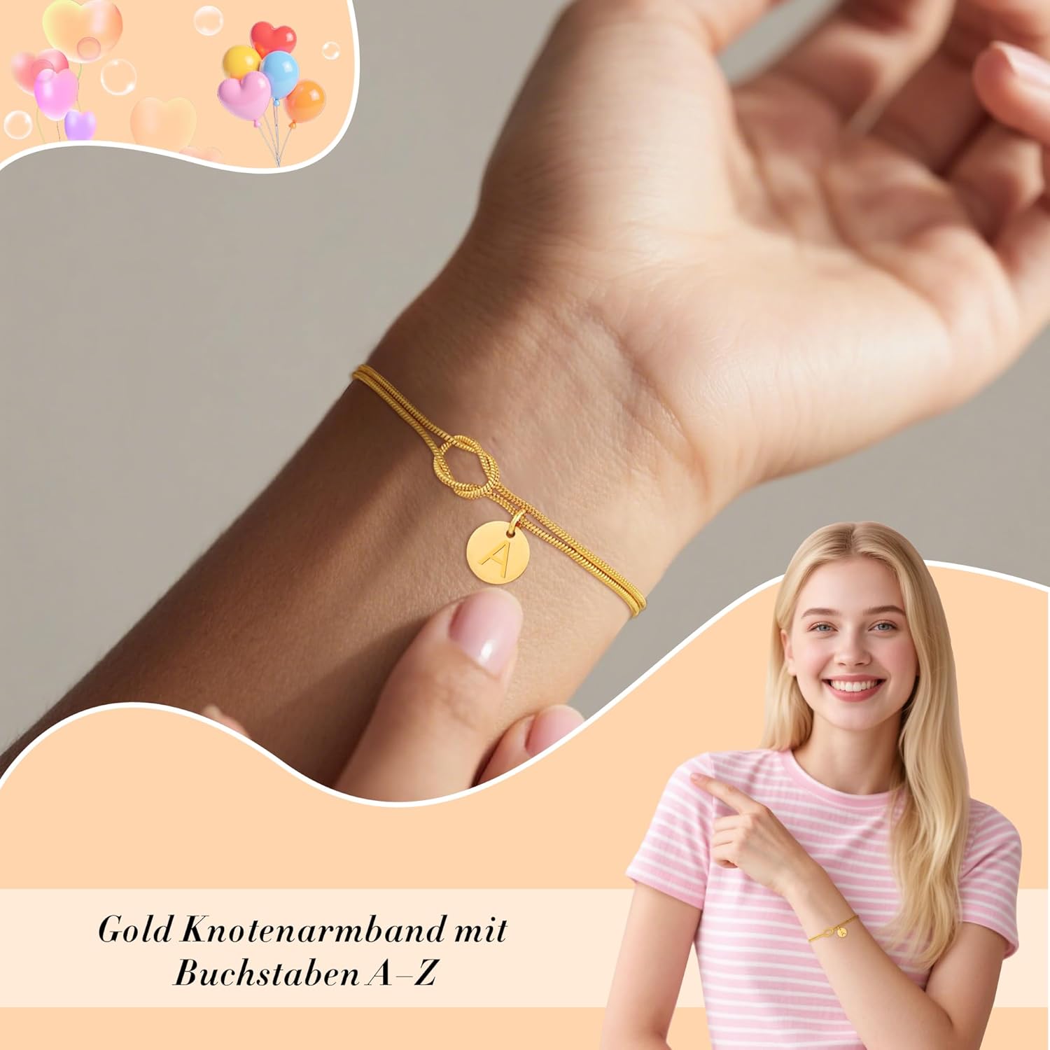 Thumbnail 6 de Armband Damen Gold mit Liebesknoten und Buchstaben – 14K Vergoldet, personalisierbar