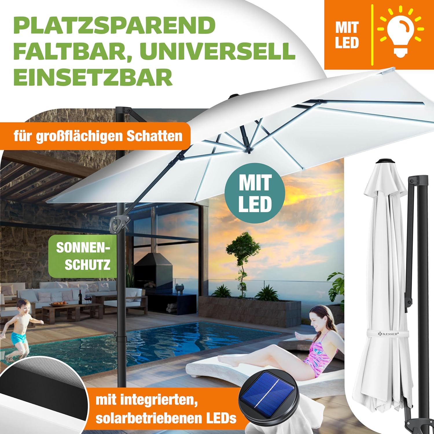 Thumbnail 3 de KESSER Sonnenschirm SUN XL Ampelschirm 300 x 300 cm – Drehs/Neigbar, inkl. Abdeckung, Windsicherung, UV50+, Weiß